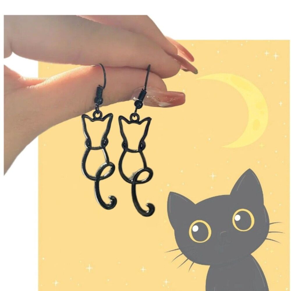 Black Cat Wire Hallow Earrings Dangle Curly Tail